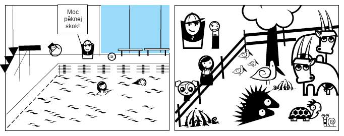 Strip na téma plavání nebo ZOO